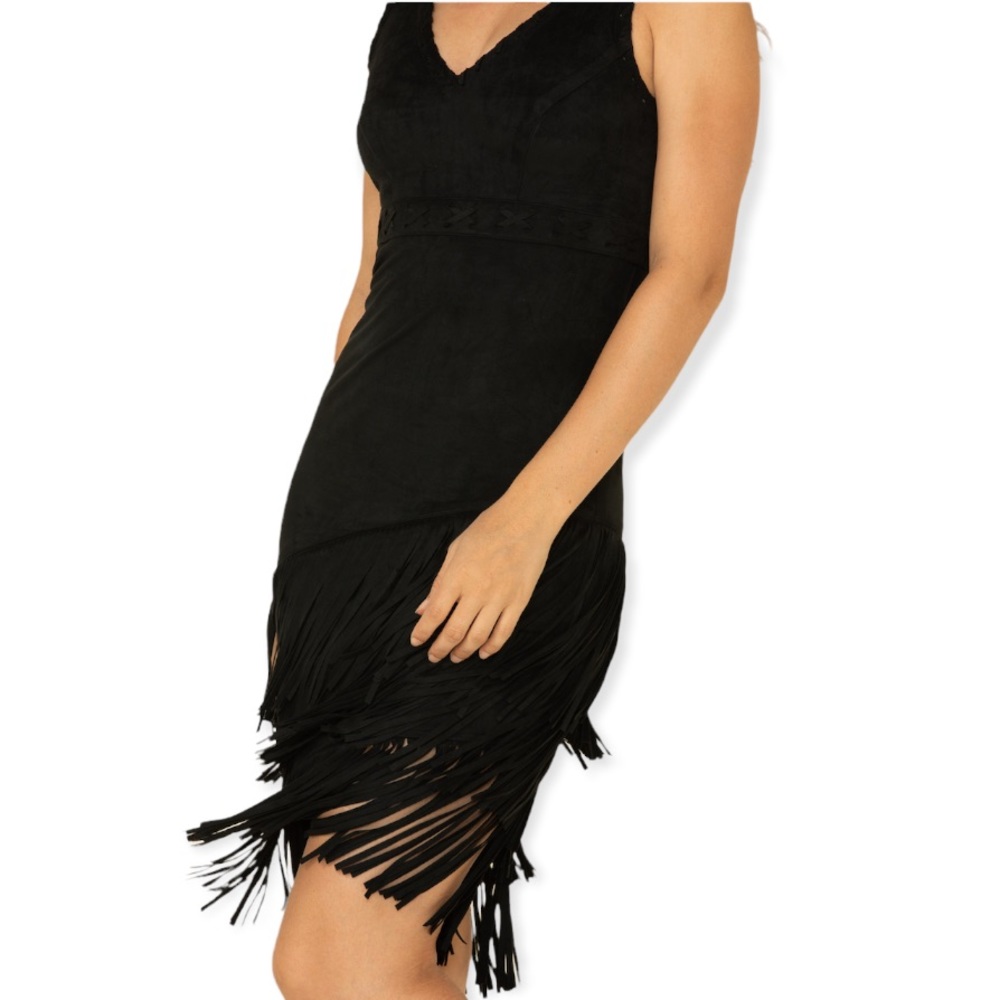 Idyllwind Black V-Neck Fringe Mini Dress - Picture 3 of 13
